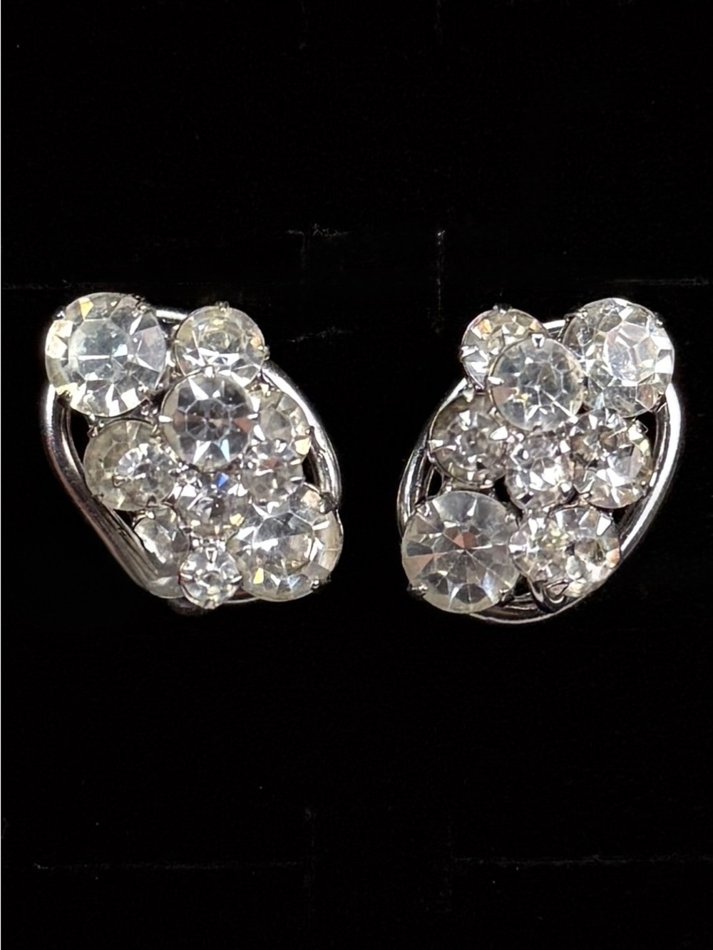 Vintage Clear Rhinestone Cluster Silver Tone Clip On Earrings